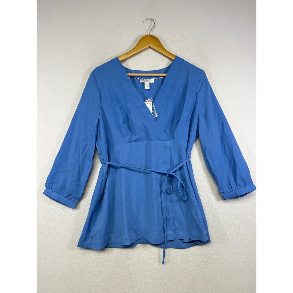 Professional Motherhood Maternity Women M Blue Wrap Tie Waist V-Neck Blouse New‎